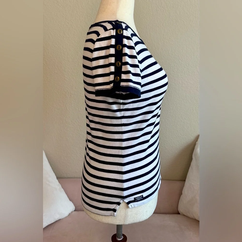 Ralph Lauren Shirt Blue White Stripe Button Shoulder Women’s Large Nautical - Picture 4 of 11